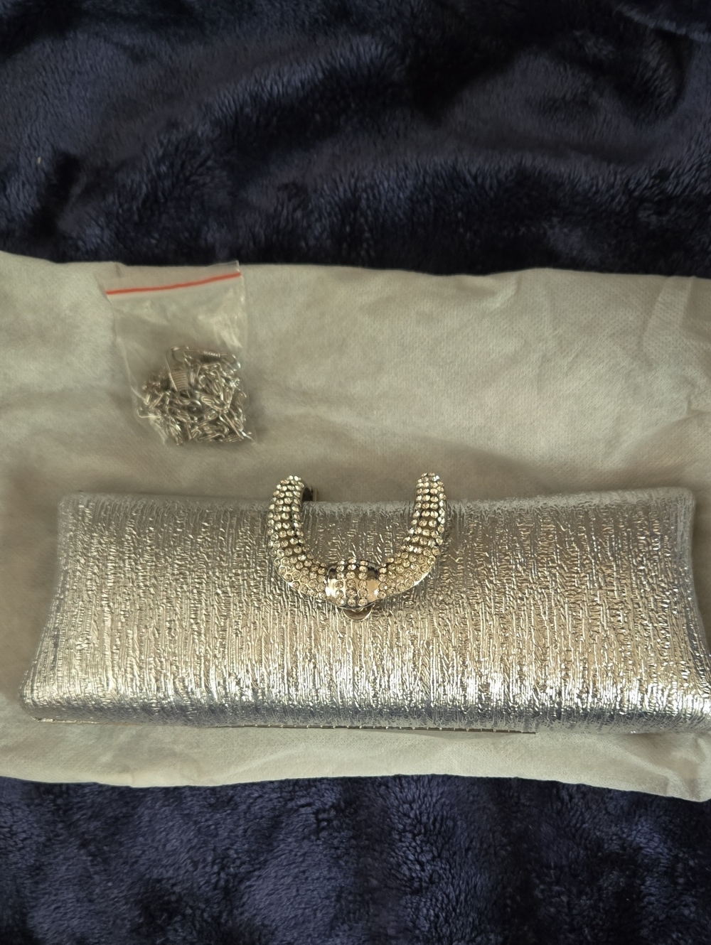 De Blossom Collection Silver Metallic Crystal Horseshoe Clutch
